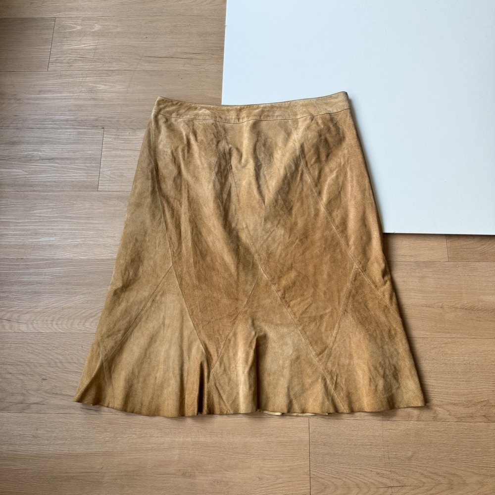 Y2K Tan Suede Leather Midi Skirt A-Line Brown Size 40 Context Fairycore
